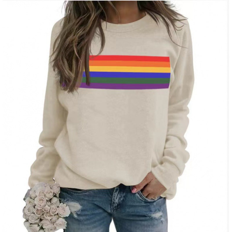 Color Striped Print Round Neck Sweater for Women – Casual Long Sleeve Pullover