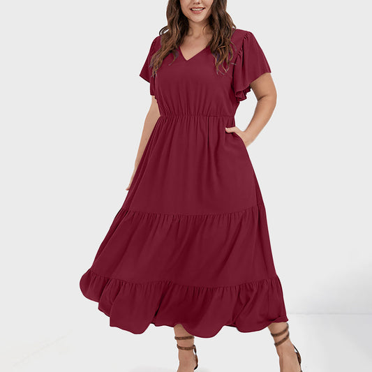V-Neck Ruffle Pleated Casual Swing Dress for Women