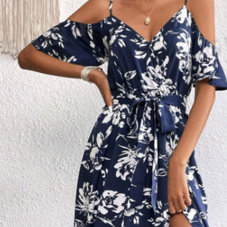 Women’s Sling Irregular Floral Beach Dress – Summer Casual Flowing Vacation Dress