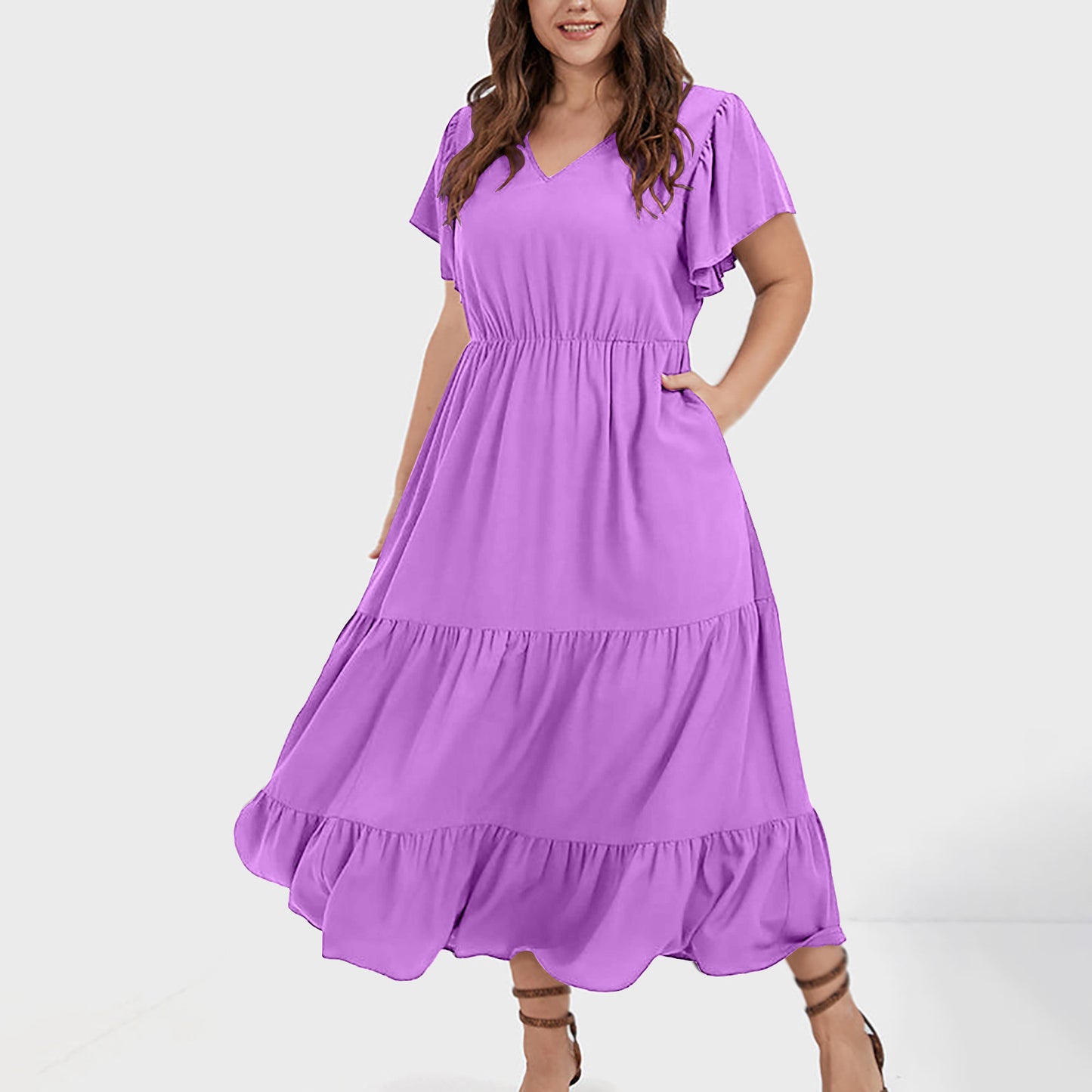 V-neck Ruffle Pleating Casual Large Swing Skirt