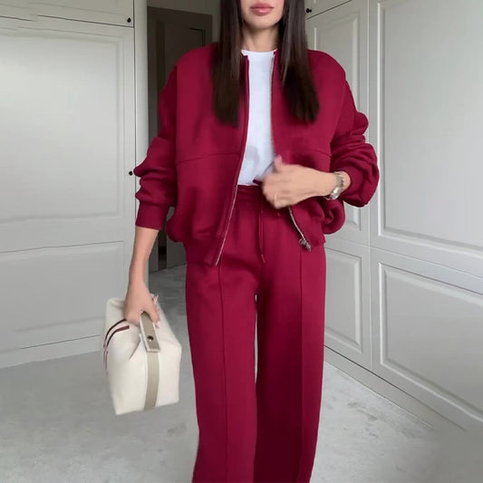 Women’s Solid Color Zip Sweater and Trousers Set