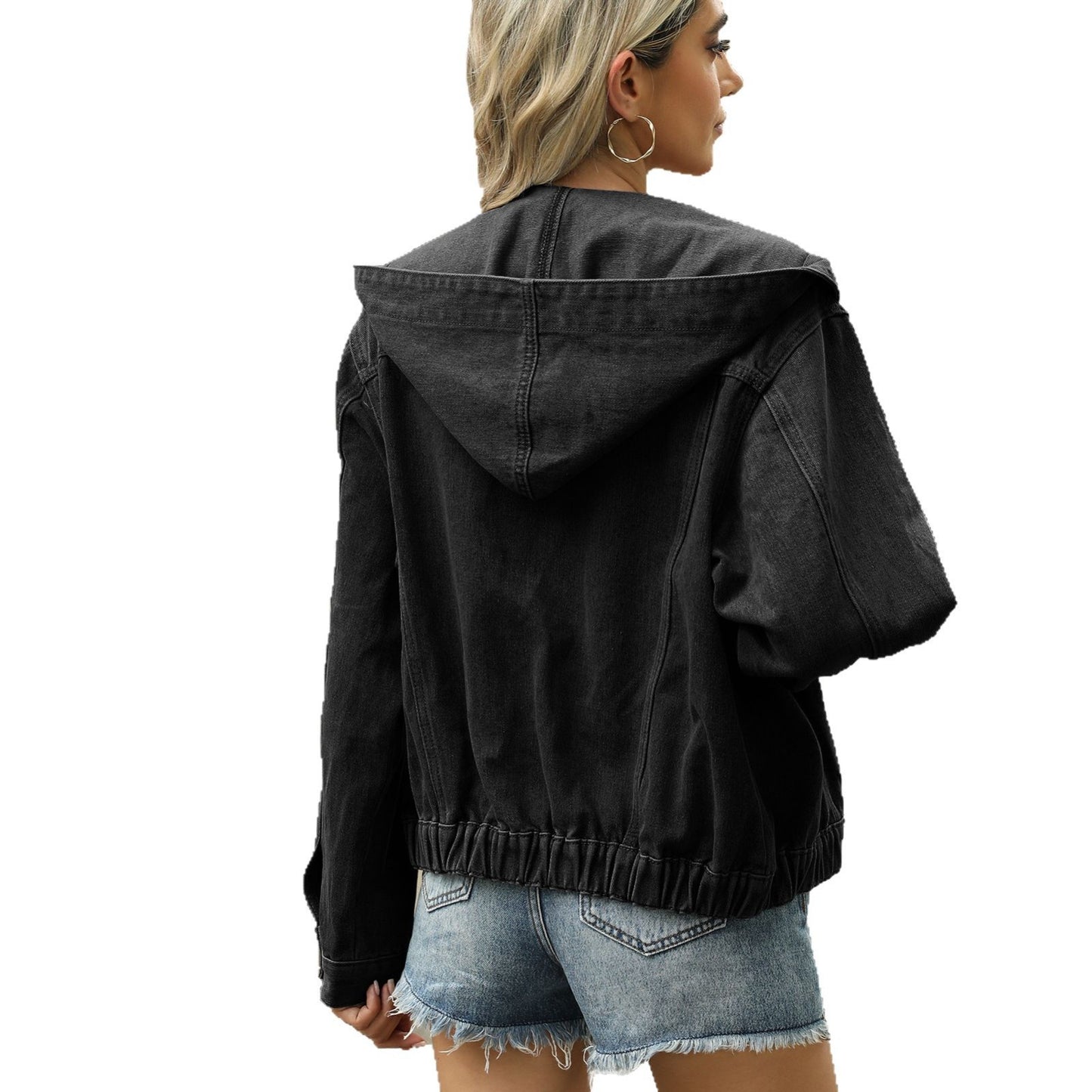 Washed Hooded Denim Jacket for Women – Casual Streetwear Denim Coat