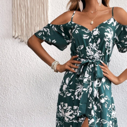 Women’s Sling Irregular Floral Beach Dress – Summer Casual Flowing Vacation Dress
