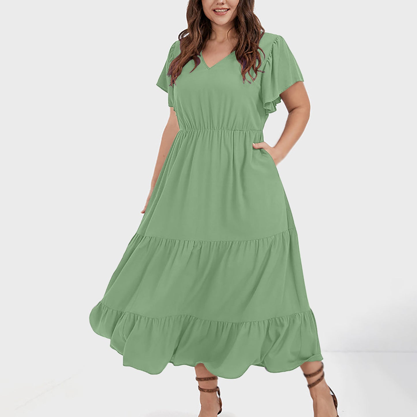 V-neck Ruffle Pleating Casual Large Swing Skirt