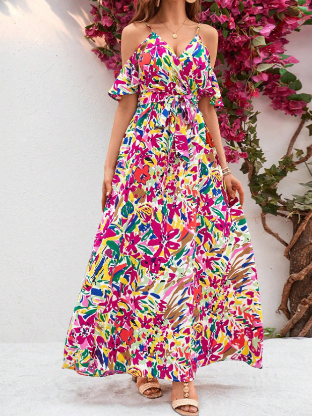 Women’s Sling Irregular Floral Beach Dress – Summer Casual Flowing Vacation Dress