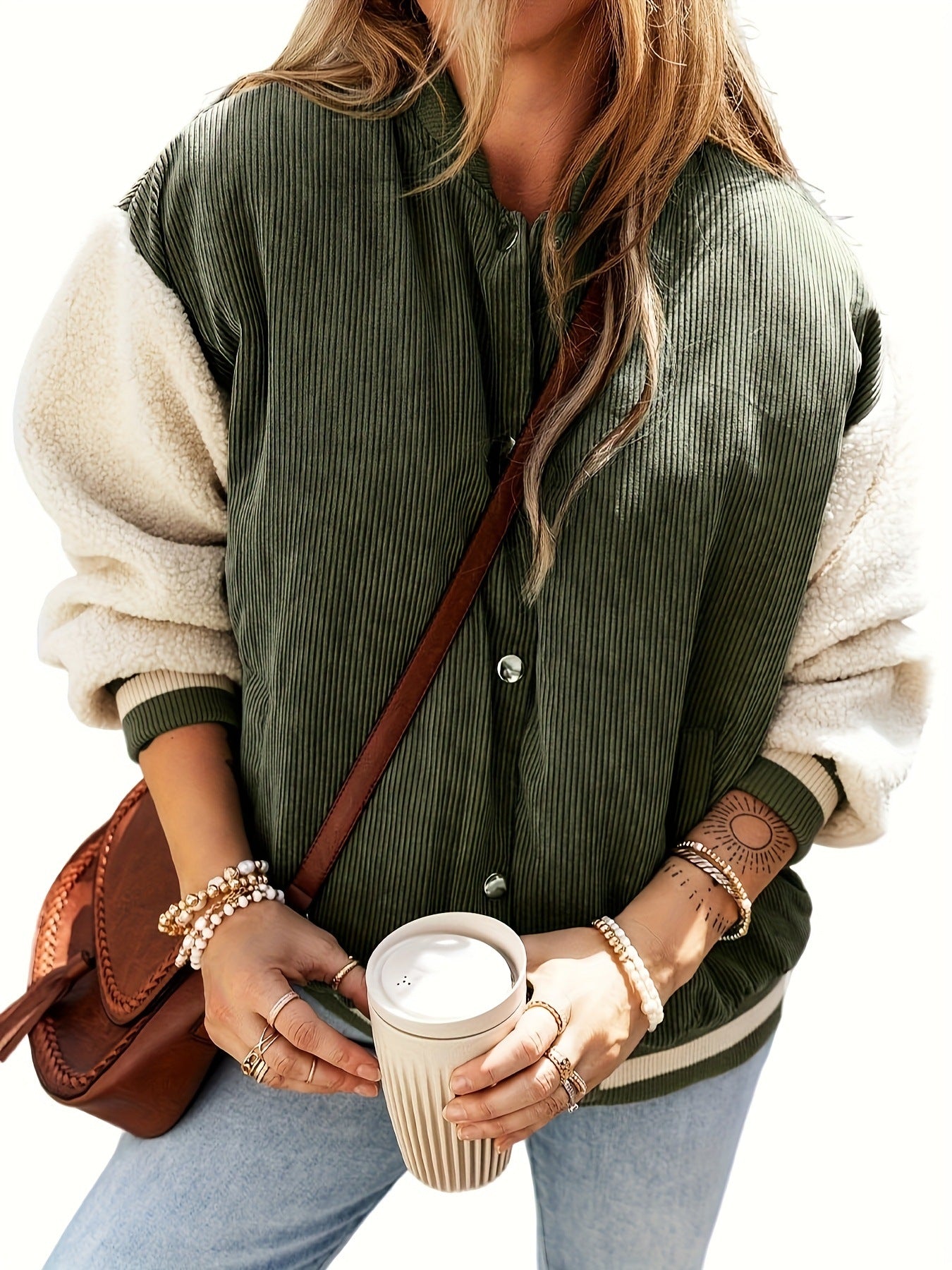 Color Matching Corduroy Women’s Jacket – Casual Fall & Winter Single Breasted Coat