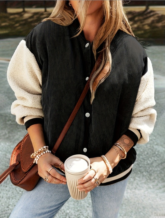 Color Matching Corduroy Women’s Jacket – Casual Fall & Winter Single Breasted Coat