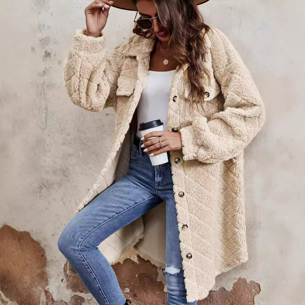 Women’s Fashion Plush Cardigan Coat – Soft Lapel Pocket Long Sleeve Jacket