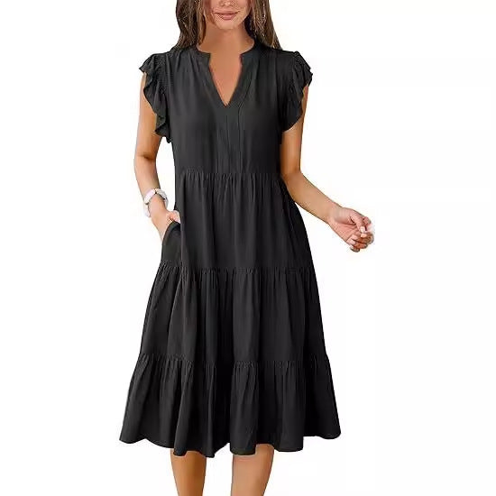 Mid-length Stitching Big Swing Pocket Dress