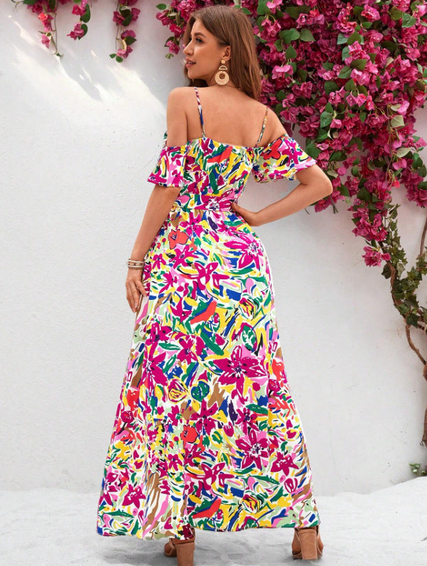 Women’s Sling Irregular Floral Beach Dress – Summer Casual Flowing Vacation Dress