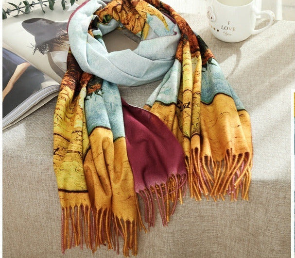 Warm Cotton Blend Mid-Length Shawl Scarf with Artistic Floral Print