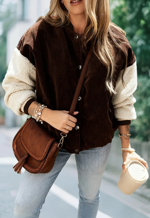 Color Matching Corduroy Women’s Jacket – Casual Fall & Winter Single Breasted Coat