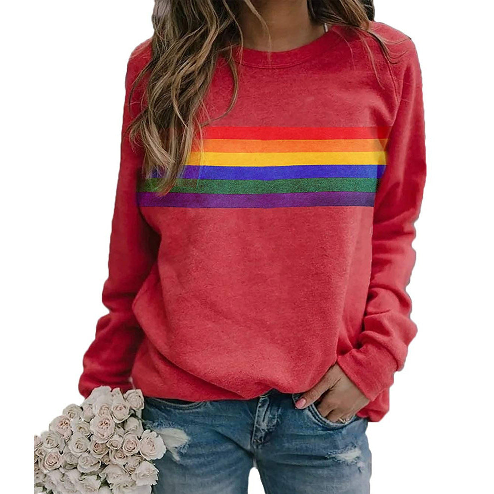 Color Striped Print Round Neck Sweater for Women – Casual Long Sleeve Pullover