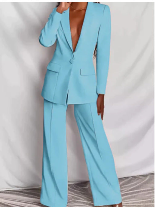 GLorytic Women's 2-Piece Lapel Blazer & Trousers Set