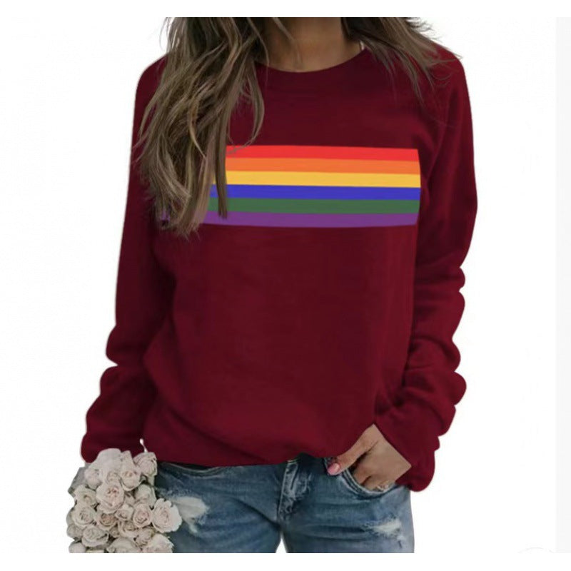 Color Striped Print Round Neck Sweater for Women – Casual Long Sleeve Pullover