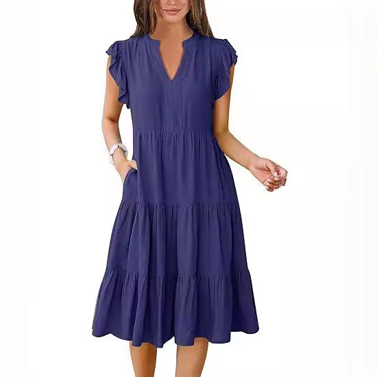 Mid-length Stitching Big Swing Pocket Dress