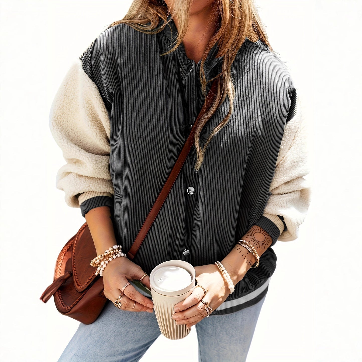 Color Matching Corduroy Women’s Jacket – Casual Fall & Winter Single Breasted Coat