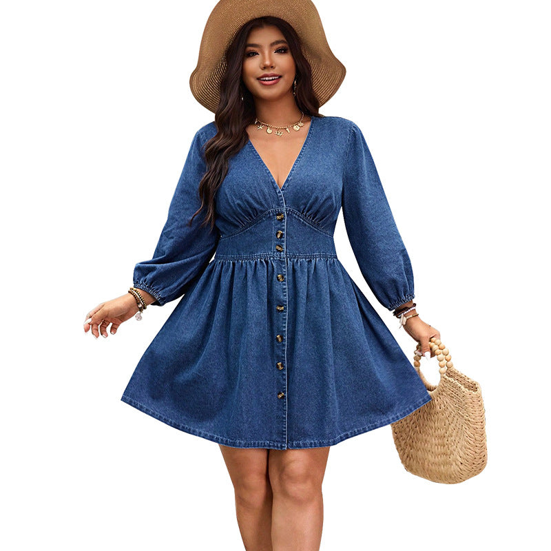 Plus Size Cowboy V-Neck Denim Midi Dres