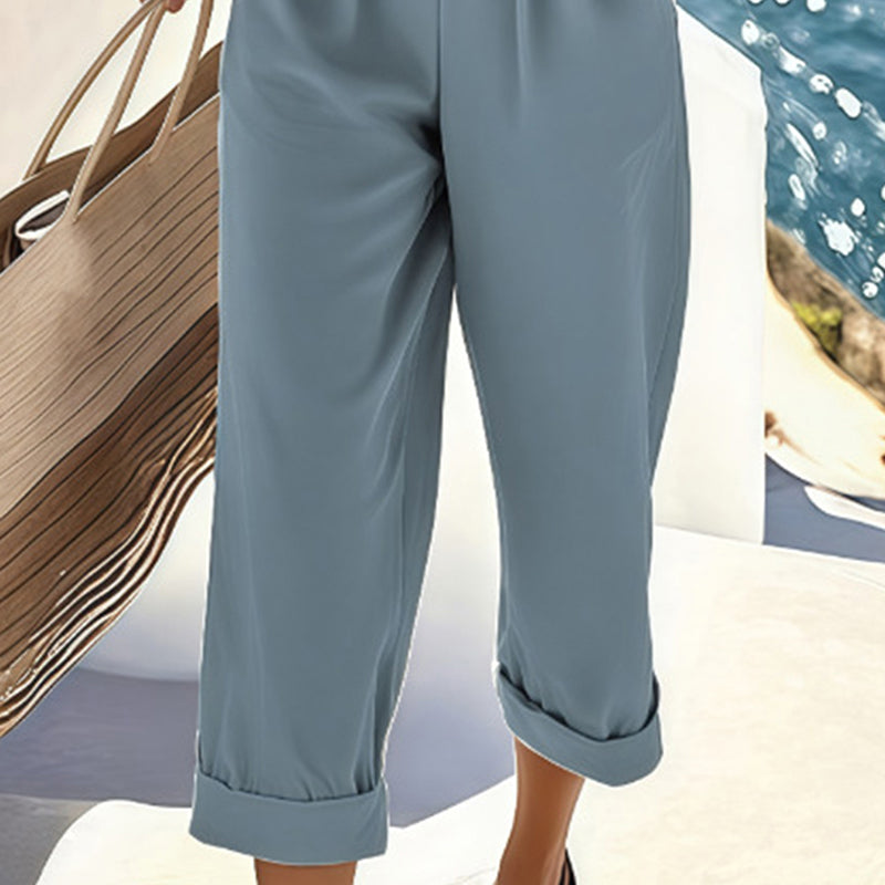 Women's Fashion Solid Color 2-Piece Set Short Sleeve Cross V-Neck Top With Ruched Detail & Wide Leg Jumpsuit With Pockets