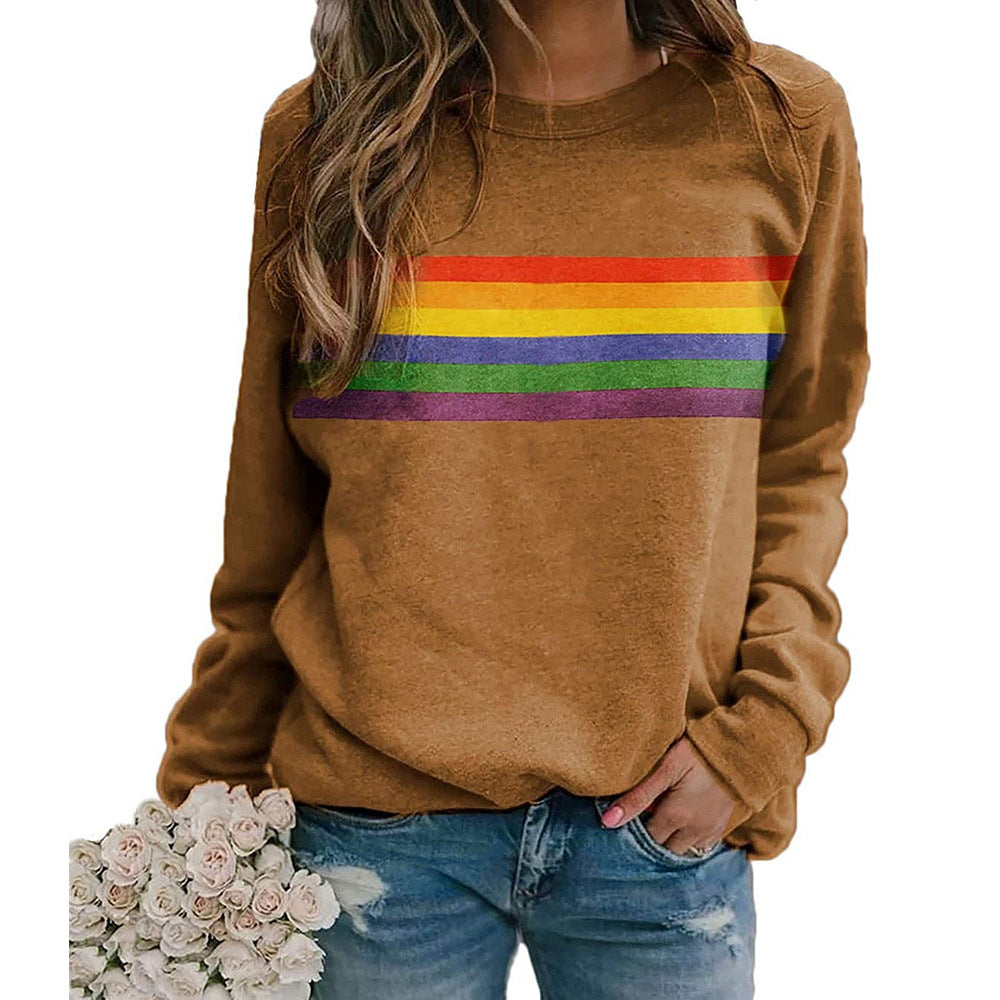 Color Striped Print Round Neck Sweater for Women – Casual Long Sleeve Pullover