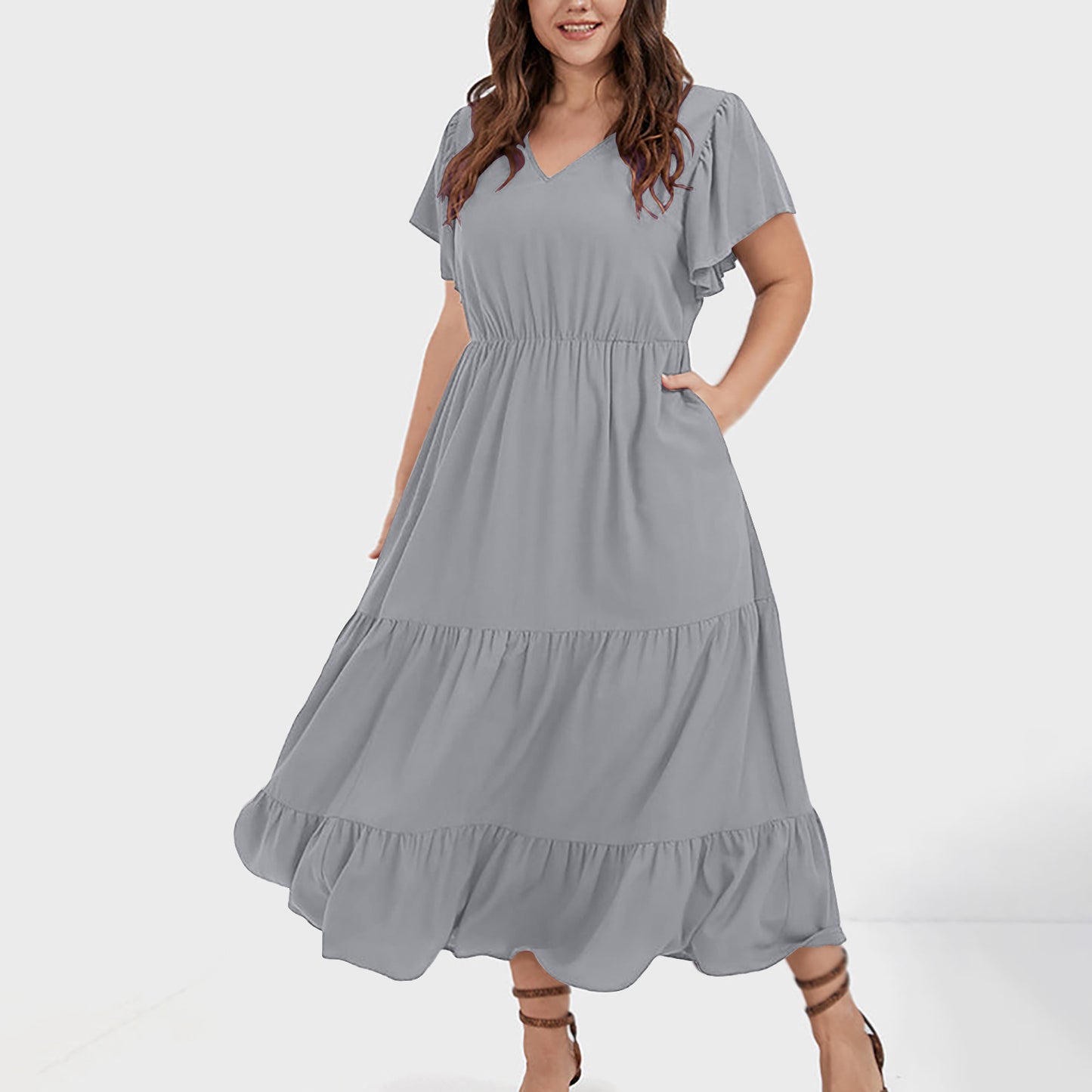 V-neck Ruffle Pleating Casual Large Swing Skirt
