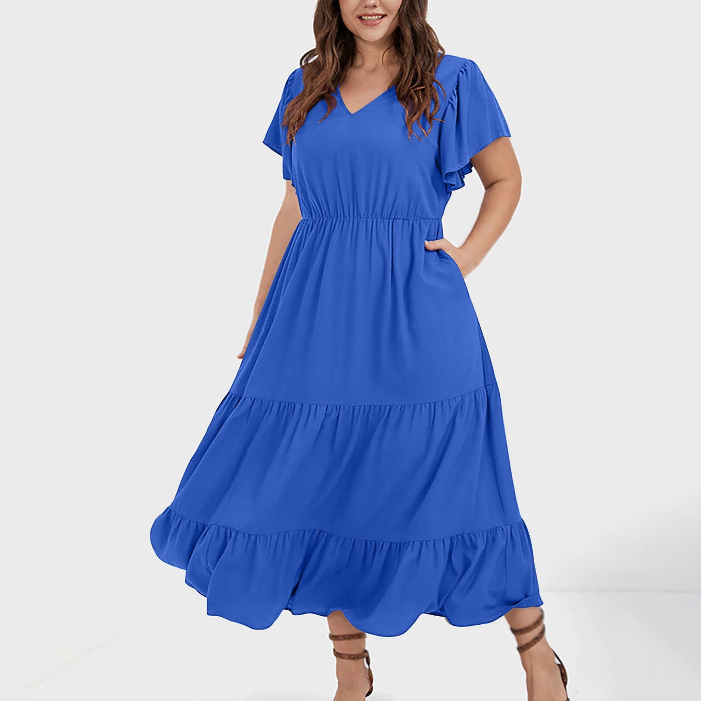 V-neck Ruffle Pleating Casual Large Swing Skirt