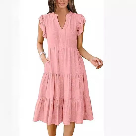 Mid-length Stitching Big Swing Pocket Dress