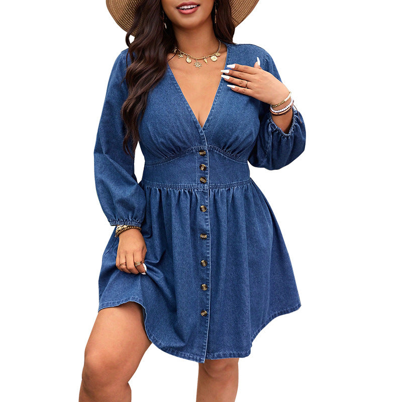 Plus Size Cowboy V-Neck Denim Midi Dres