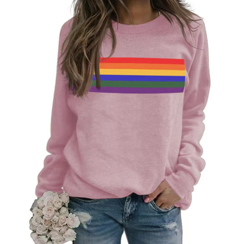 Color Striped Print Round Neck Sweater for Women – Casual Long Sleeve Pullover