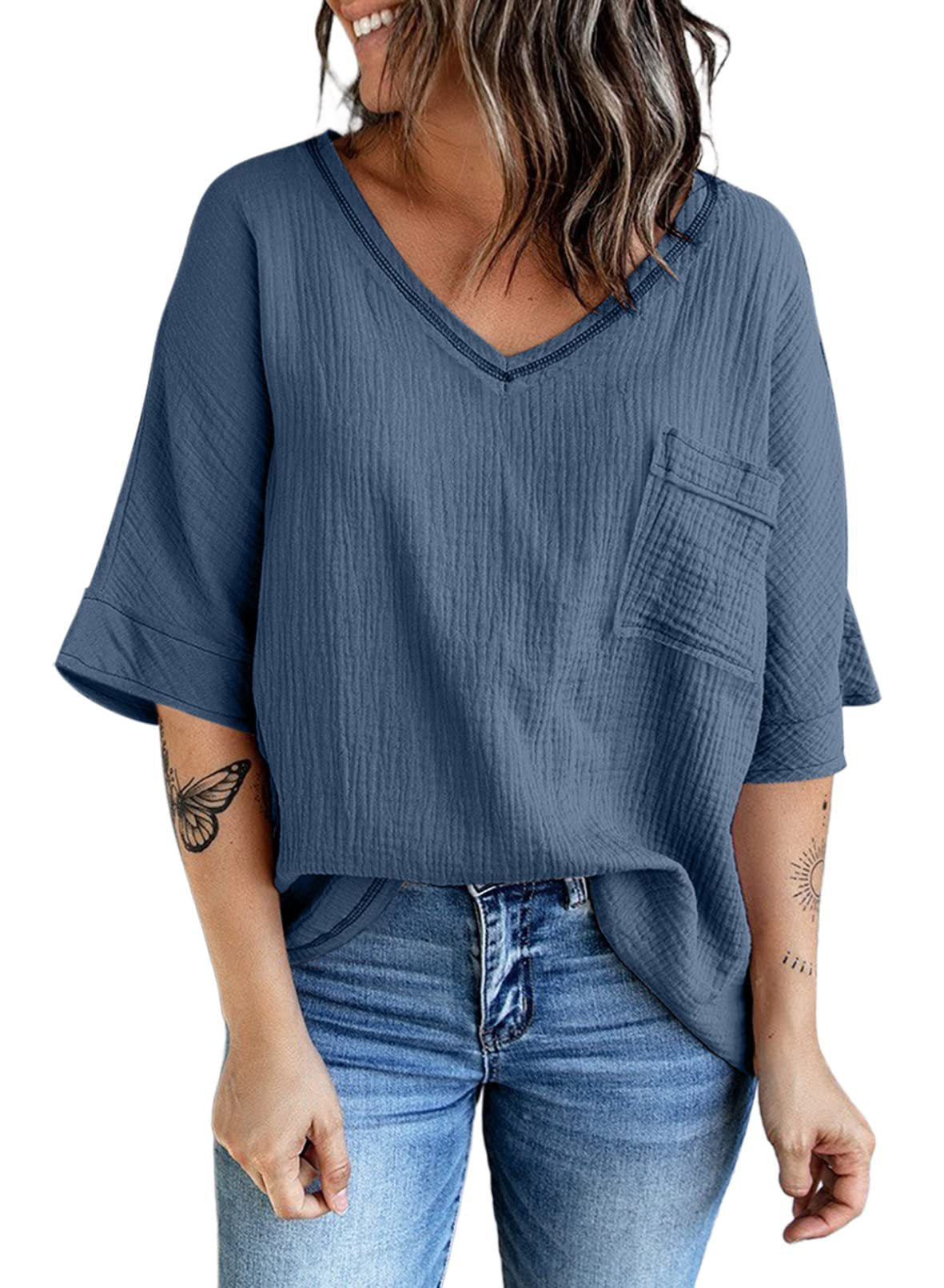 Spring And Summer New Shirt Fashion V-neck Pocket Split Half Sleeve Top For Women Ins