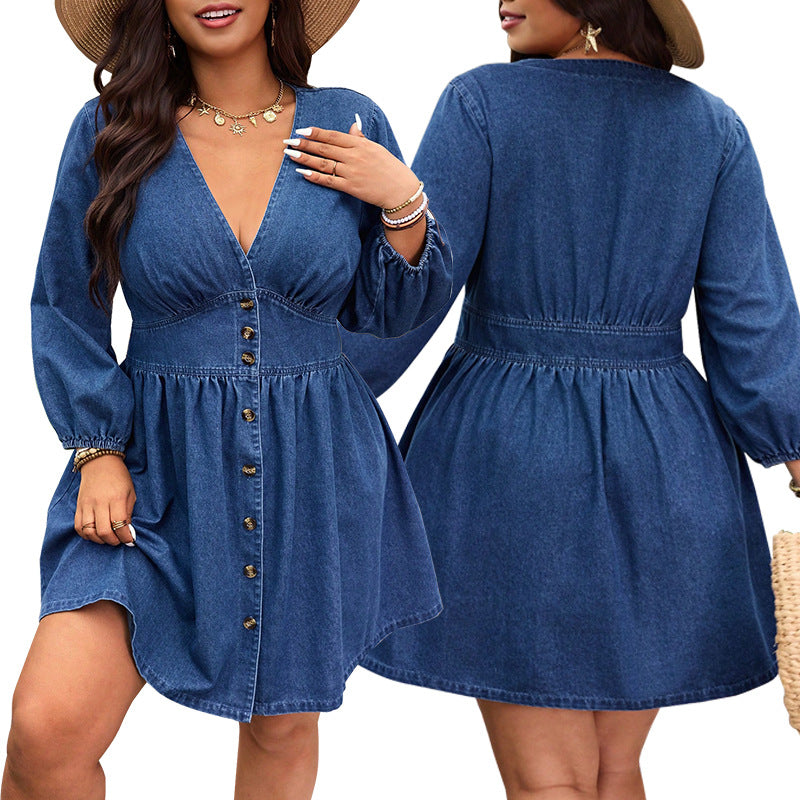 Plus Size Cowboy V-Neck Denim Midi Dres
