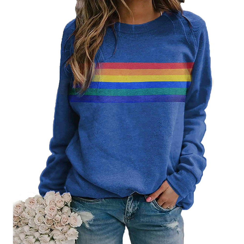 Color Striped Print Round Neck Sweater for Women – Casual Long Sleeve Pullover