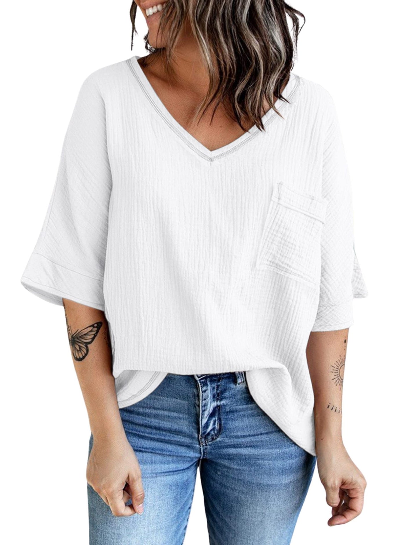 Spring And Summer New Shirt Fashion V-neck Pocket Split Half Sleeve Top For Women Ins