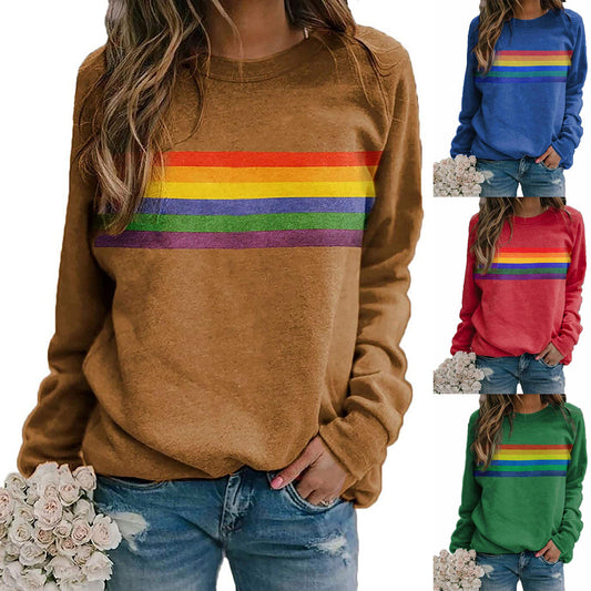 Color striped round neck sweater for women front view