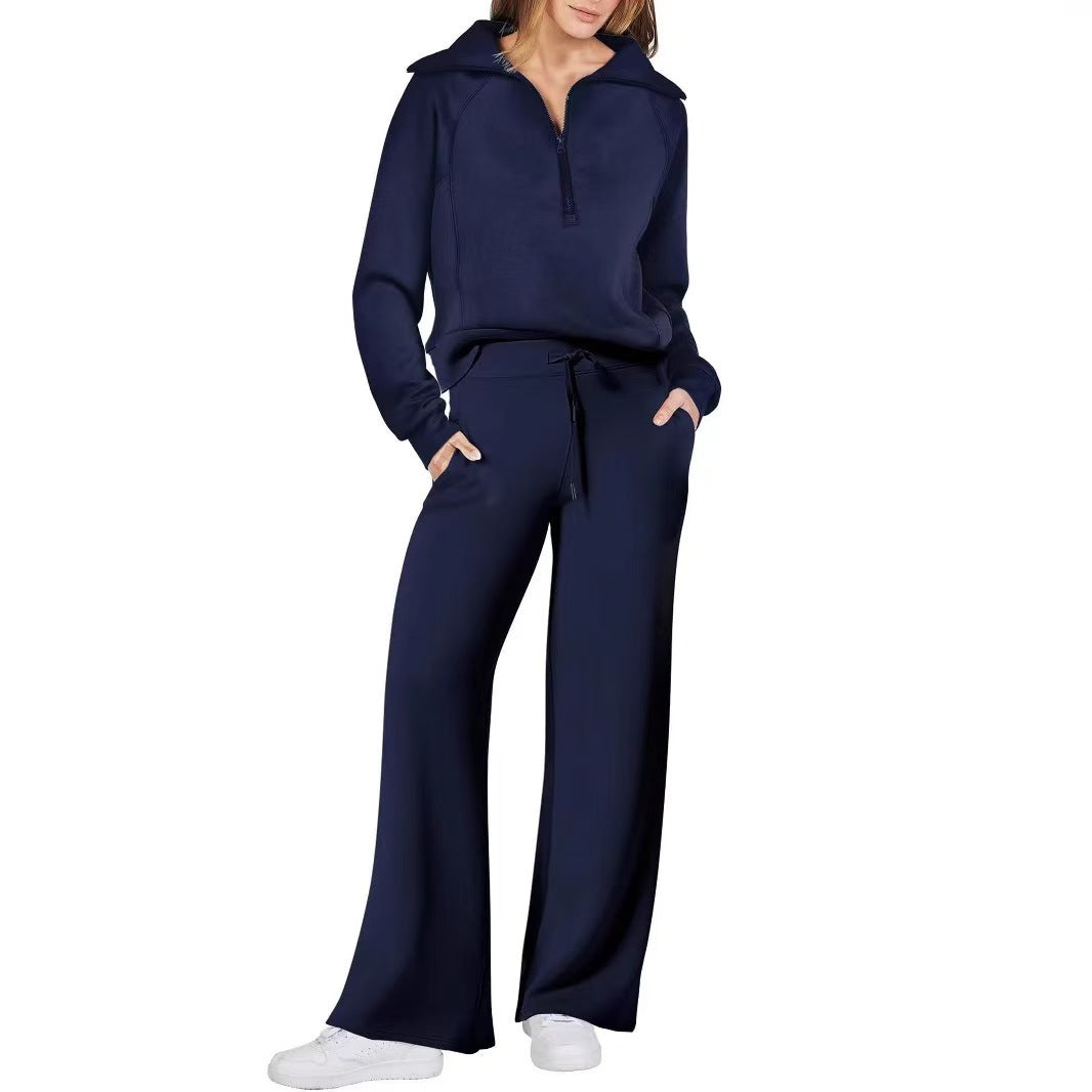 Oversized Half Zip Sweatshirt Wide Leg Track Pants Casual Suit Women