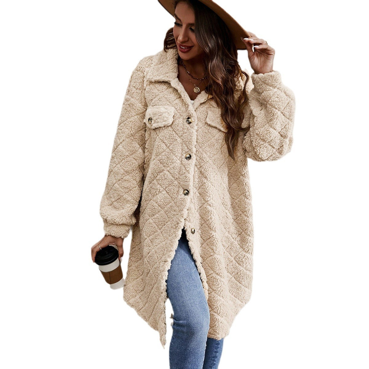 Women’s Fashion Plush Cardigan Coat – Soft Lapel Pocket Long Sleeve Jacket