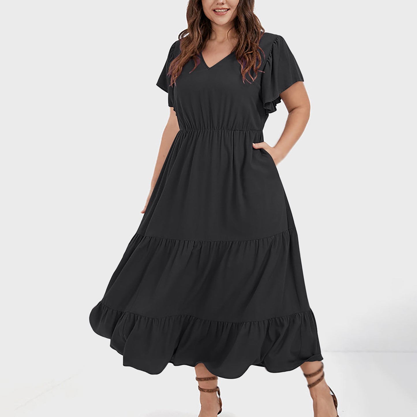 V-neck Ruffle Pleating Casual Large Swing Skirt