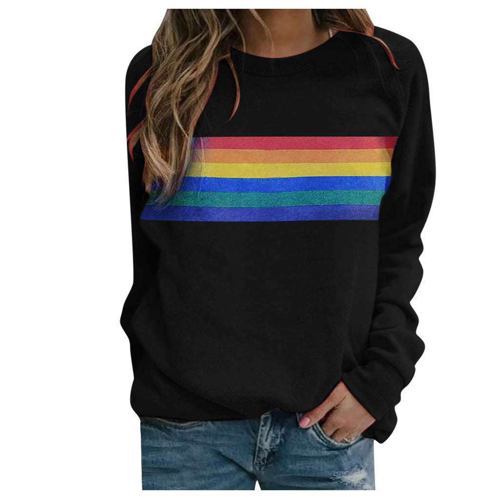 Color Striped Print Round Neck Sweater for Women – Casual Long Sleeve Pullover