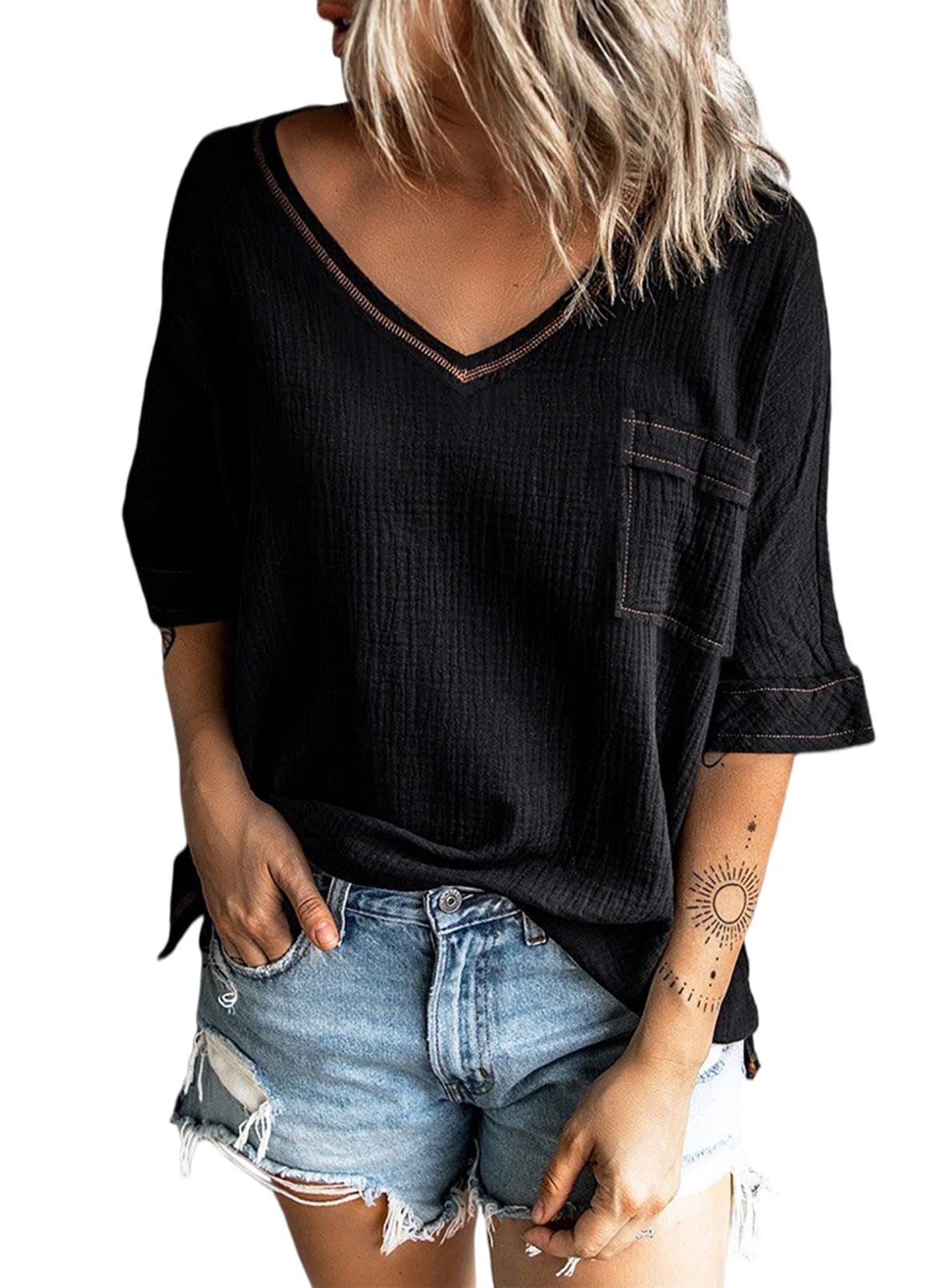 Spring And Summer New Shirt Fashion V-neck Pocket Split Half Sleeve Top For Women Ins