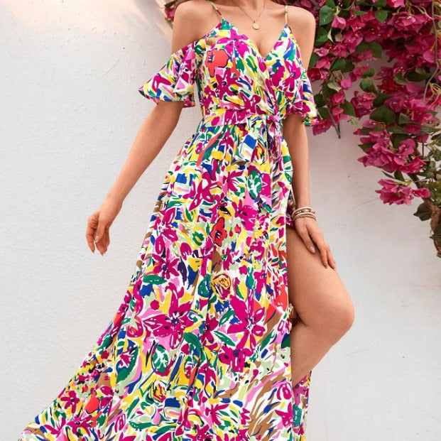 Sleeveless sling floral beach dress side view