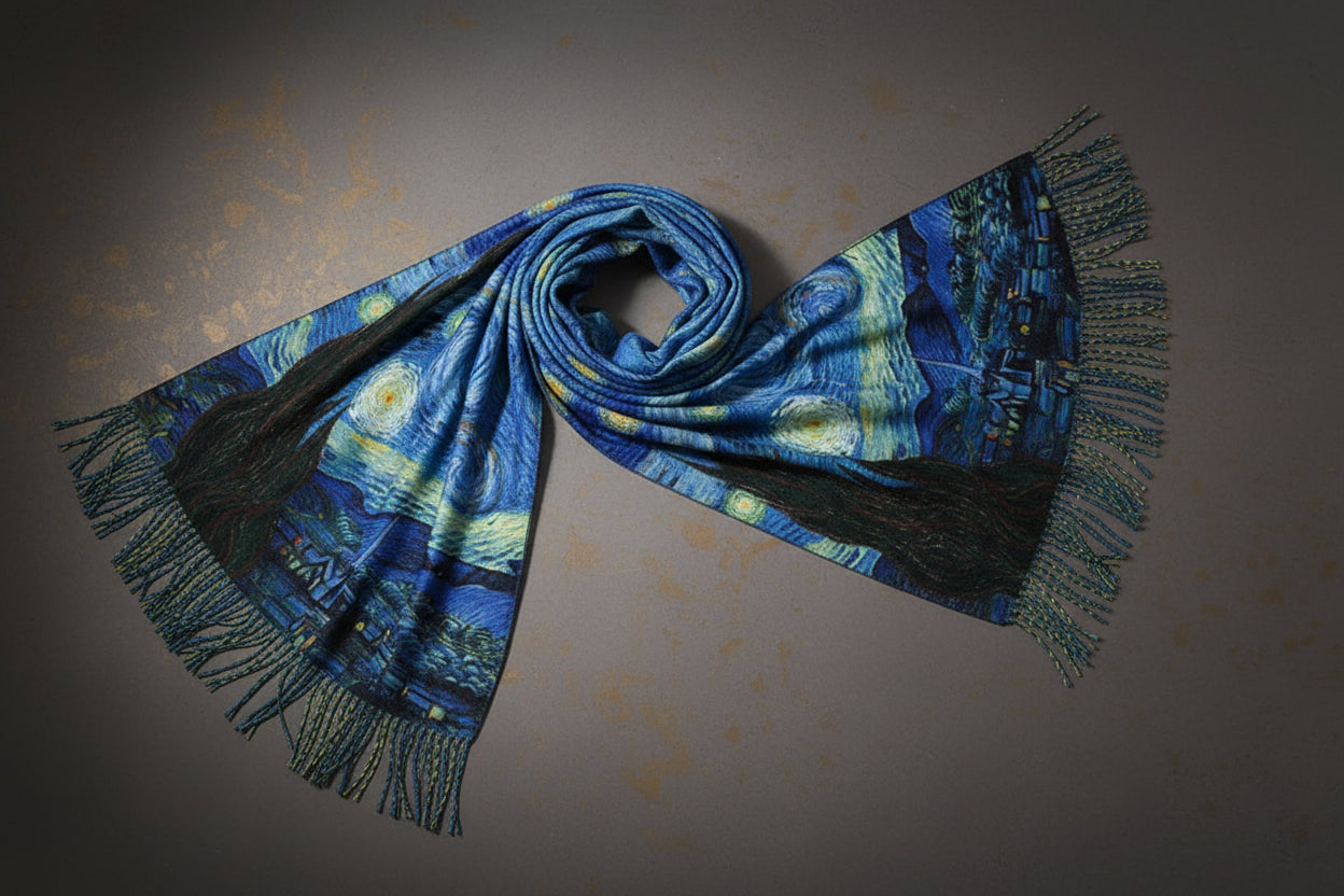warm cotton blend mid-length shawl scarf with artistic floral print and tassels