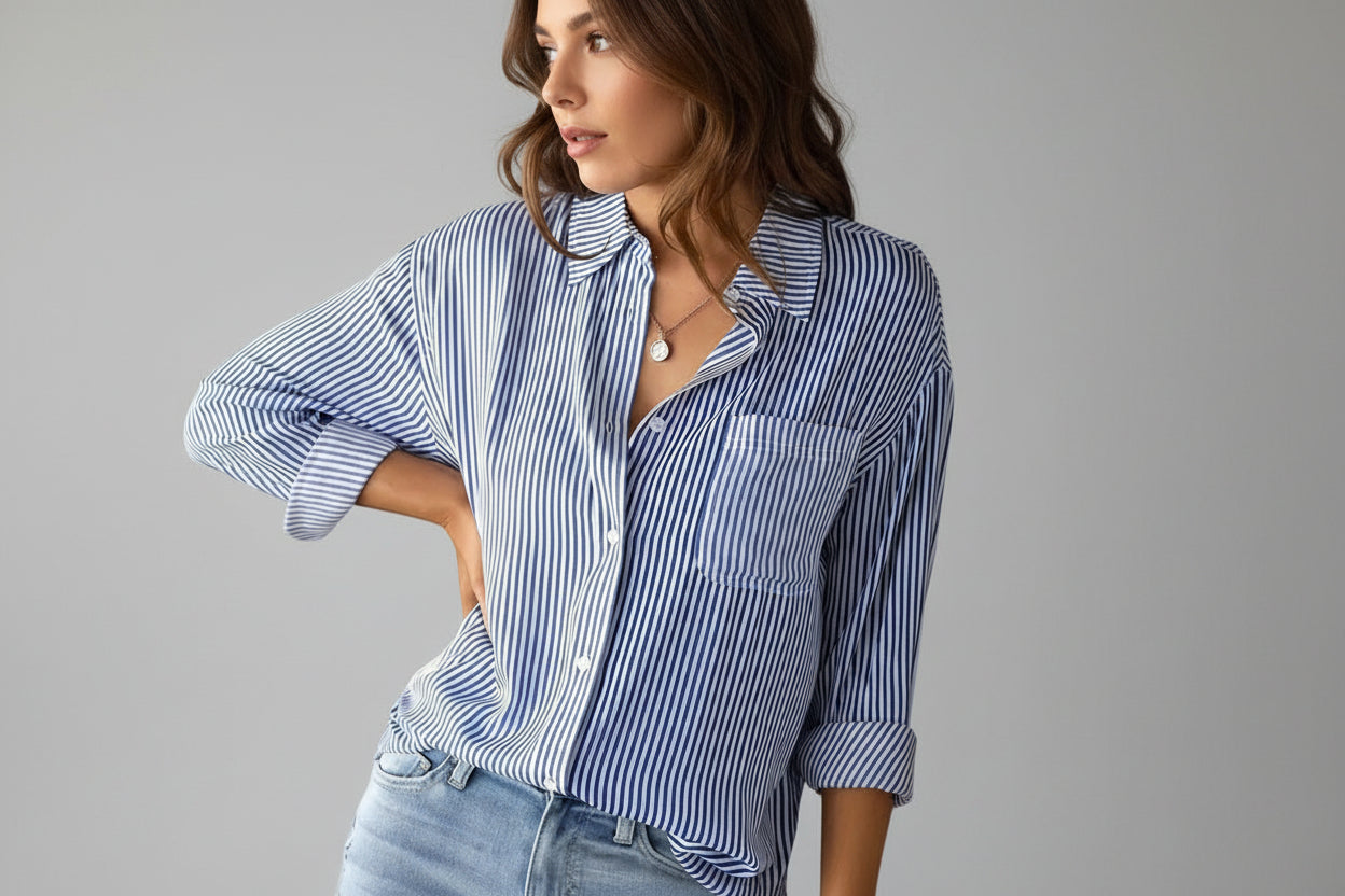 Women’s elegant striped long sleeve button-up shirt with lapel collar