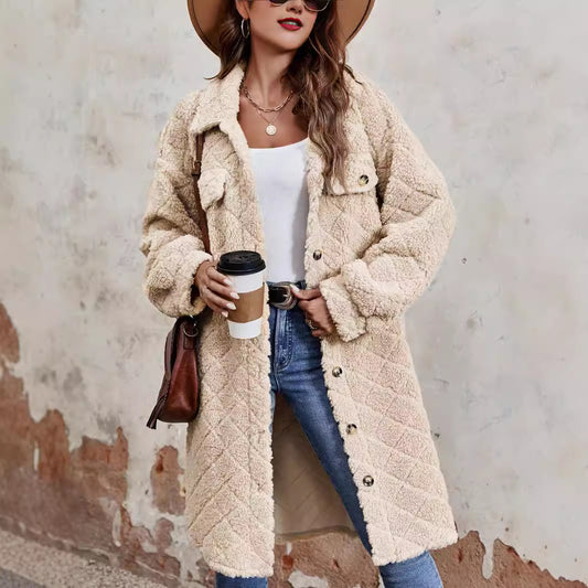 Women’s fashion plush cardigan coat with lapel collar and pockets